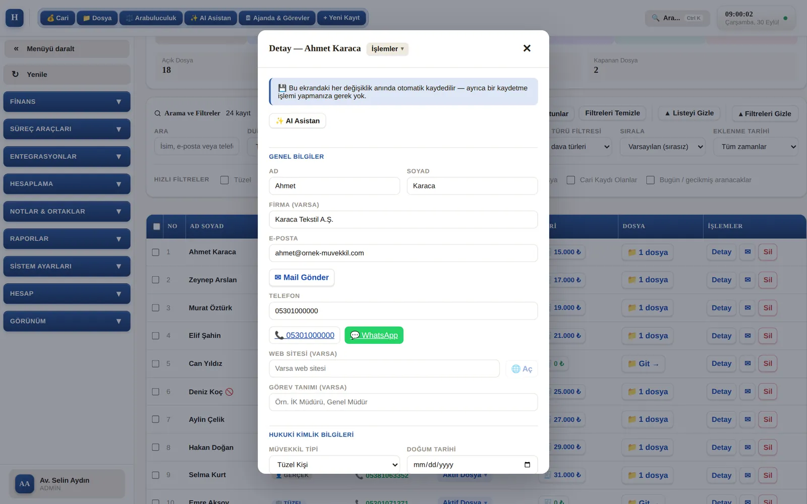 Müvekkil detayı: kimlik, iletişim ve tek tık e-posta/WhatsApp