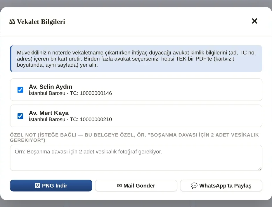 Vekalet Bilgileri: noter için avukat kartı